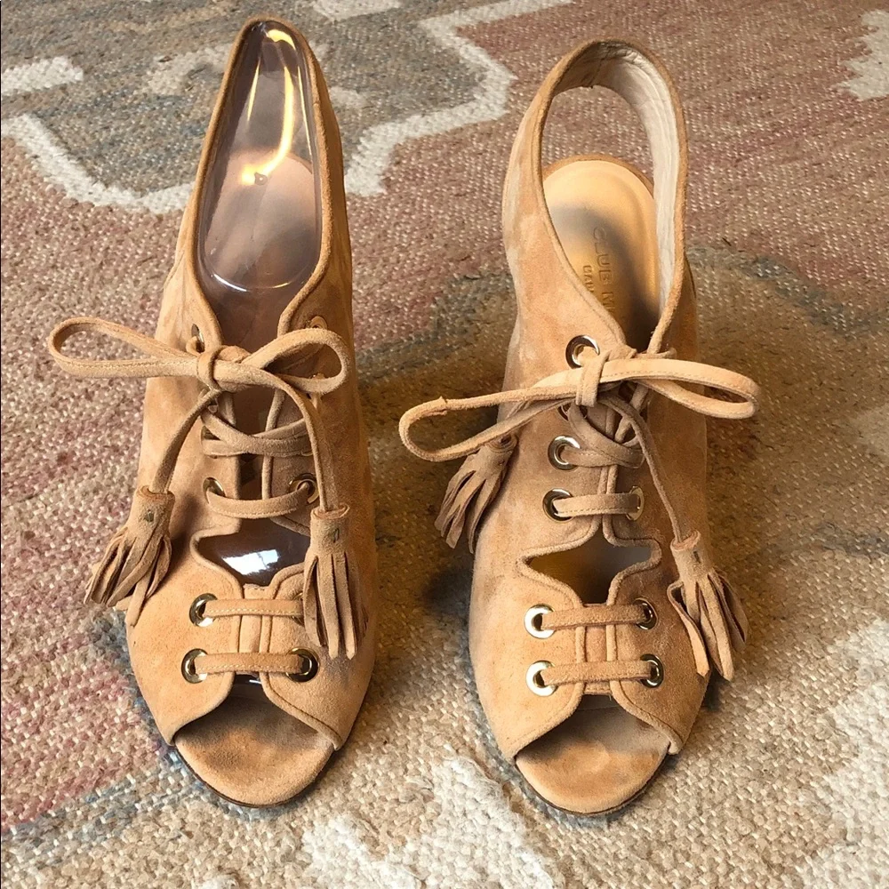 Club Monaco Mireva Suede Lace-up Open Toe Block Heel Sandals Tan Sz. 40